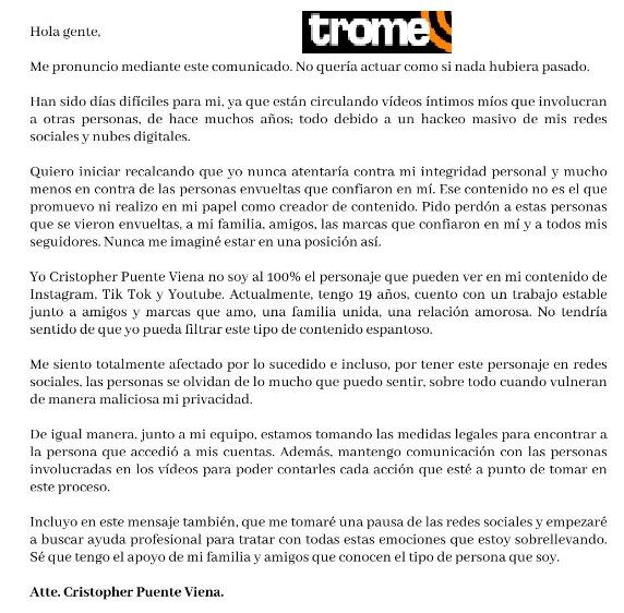 Cristorata difunde comunicado por difusión de videos íntimos.