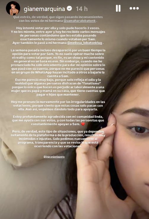 Gianella Marquina escribe extenso mensaje de queja contra 'La Granja vip' y exige votaciones justas para Samahara Lobatón.