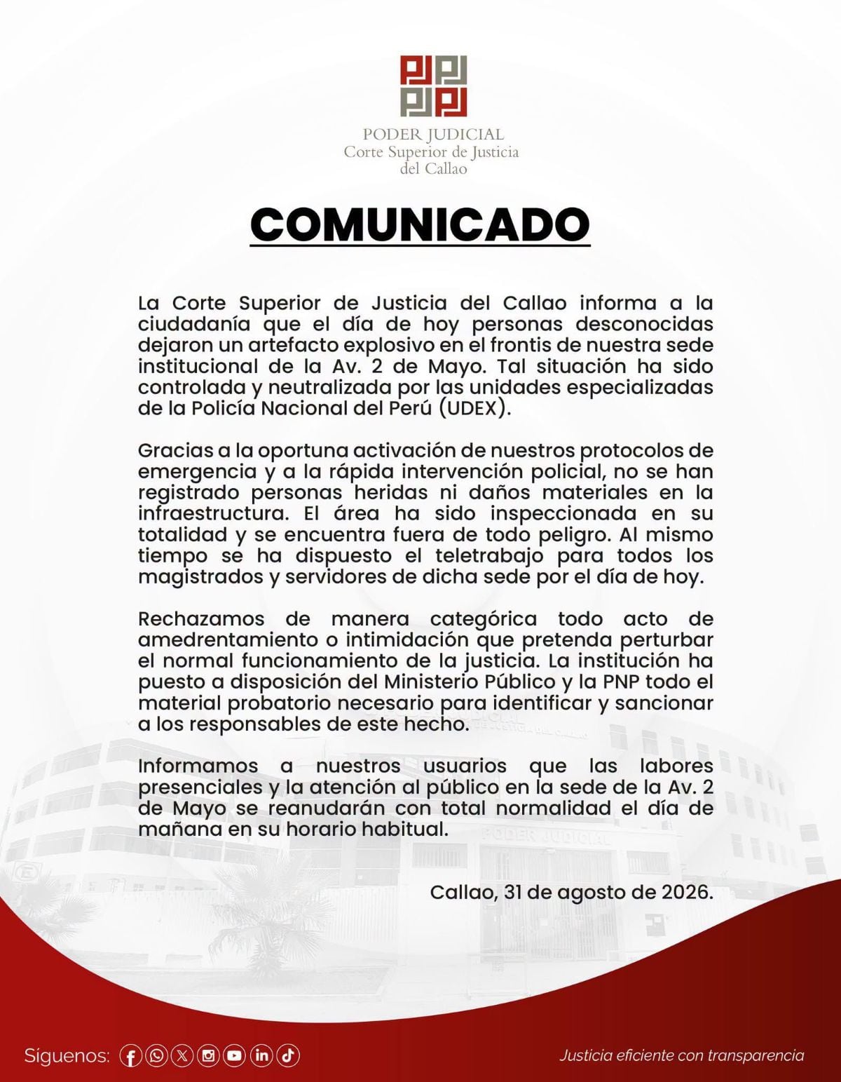 Comunicado del Poder Judicial sobre lo ocurrido. Foto: X.