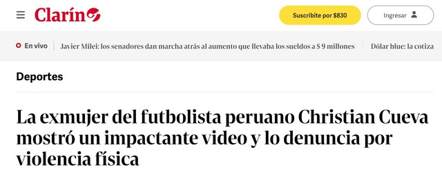 Clarín de Argentina: La exmujer del futbolista peruano Christian Cueva mostró un impactante video y lo denuncia por violencia física.