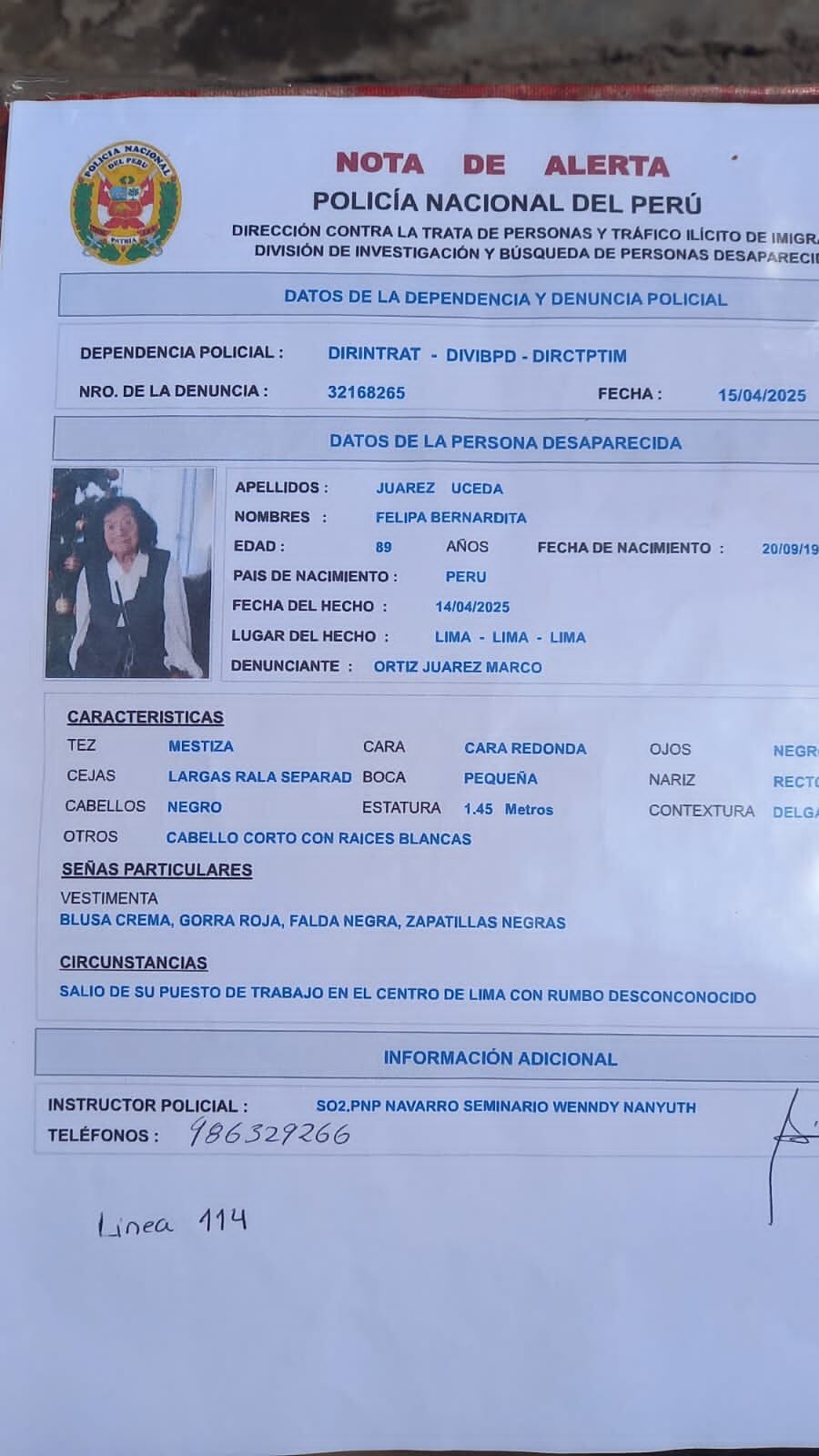 Nota de alerta emitida por la Policía tras la desaparición de la señora.
