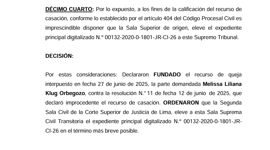 Resolución de la Sala Civil Suprema sobre el recurso de queja por denegatoria de casación de Melissa Klug.