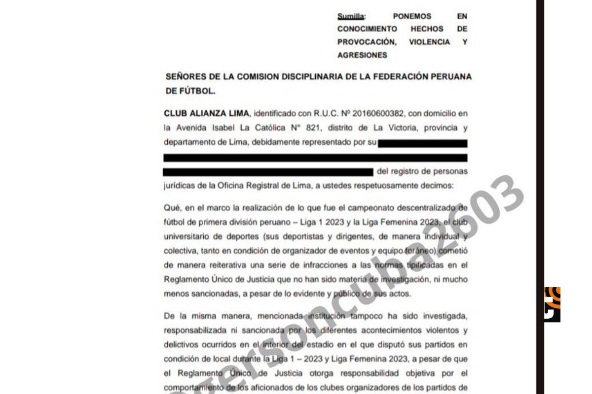 Documento que Alianza Lima ingresó en la FPF (Foto: @Twitter)