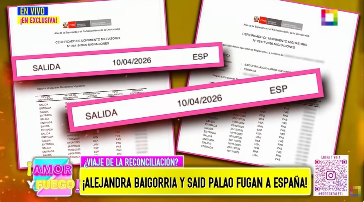 Documento migratorio confirma que viaje de Alejandra Baigorria y Said Palao fue reciente.
