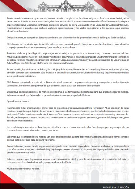 Mensaje a la Nación completo de Martín Vizcarra donde declara Estado de Emergencia Nacional por el Coronavirus