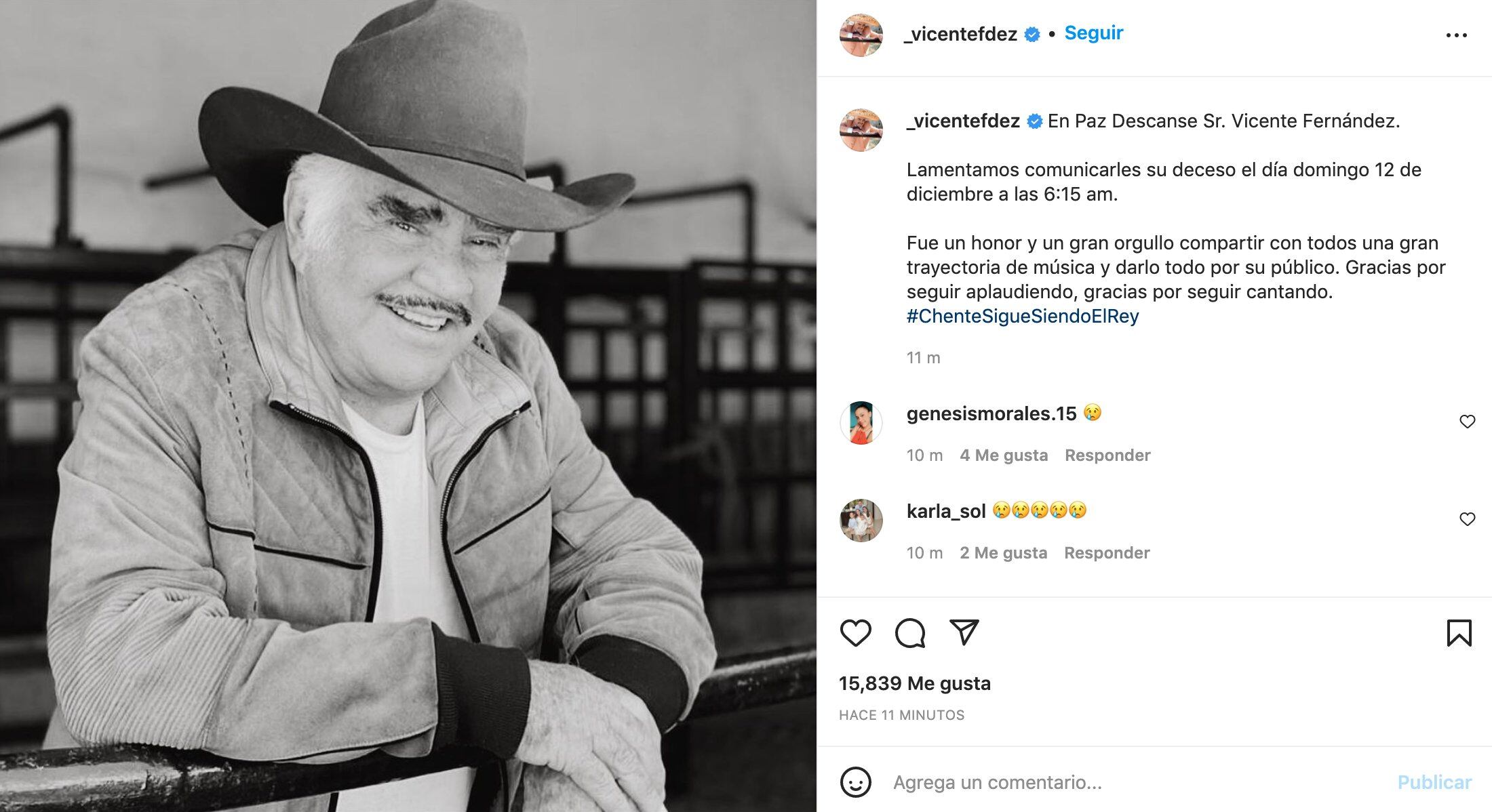 La familia de Vicente Fernández anunció el deceso del cantante en Instagram (Foto: Vicente Fernández / Instagram)