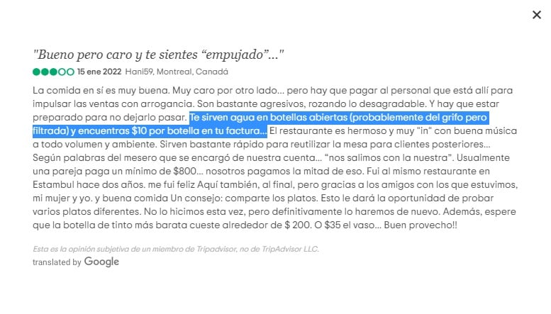 Cliente del restaurante de Salt Bae se queja del agua que sirven. (Foto: TripAdvisor)