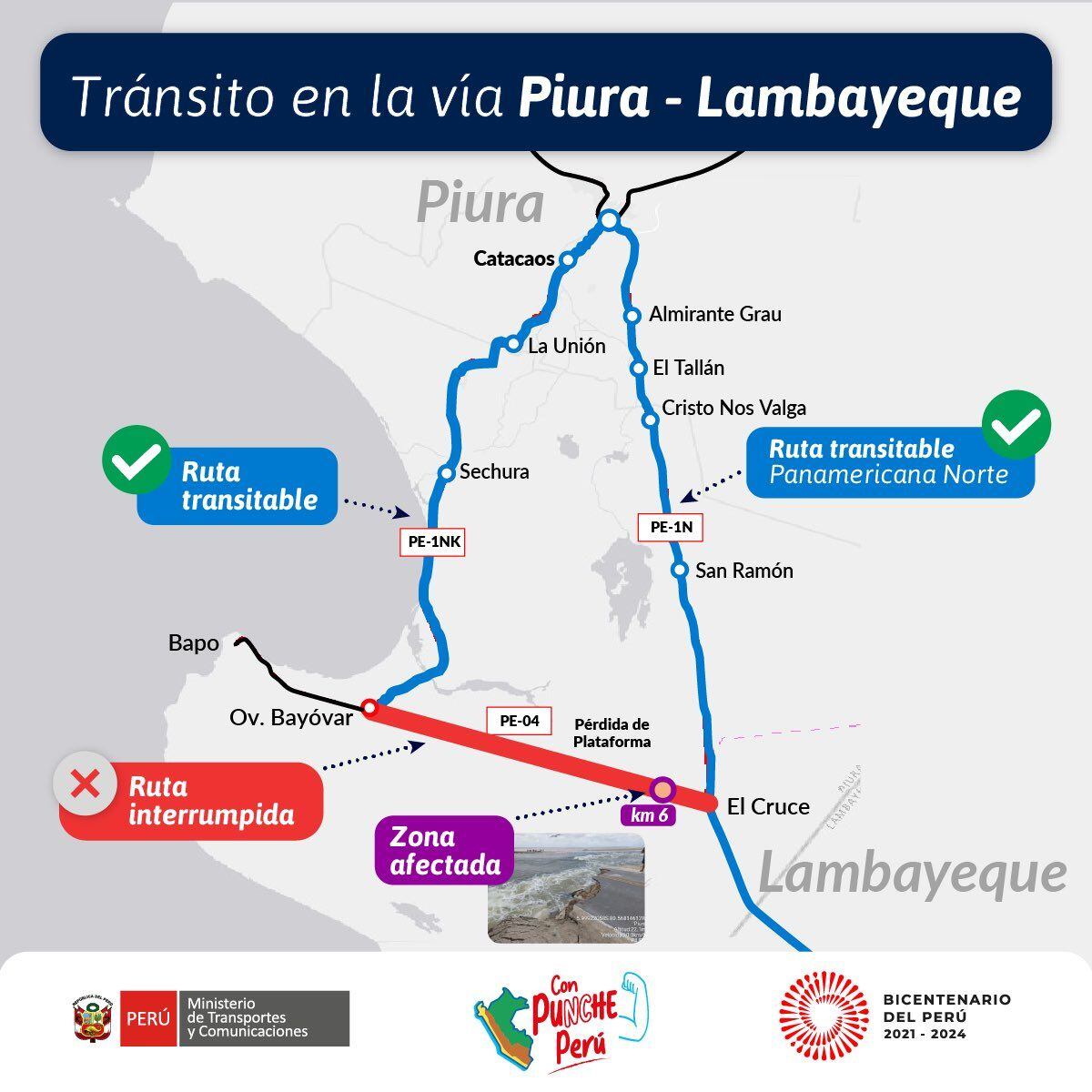 Desvió debido a colapso de carretera en Piura.