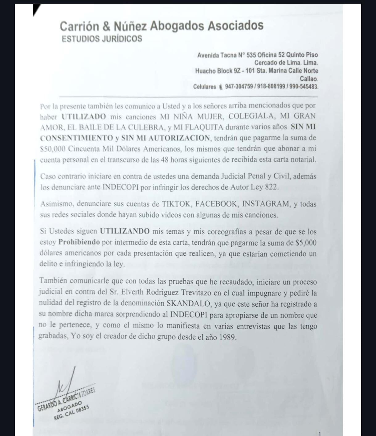 Carta notarial de Roly Ortiz a Ricky Trevitazo