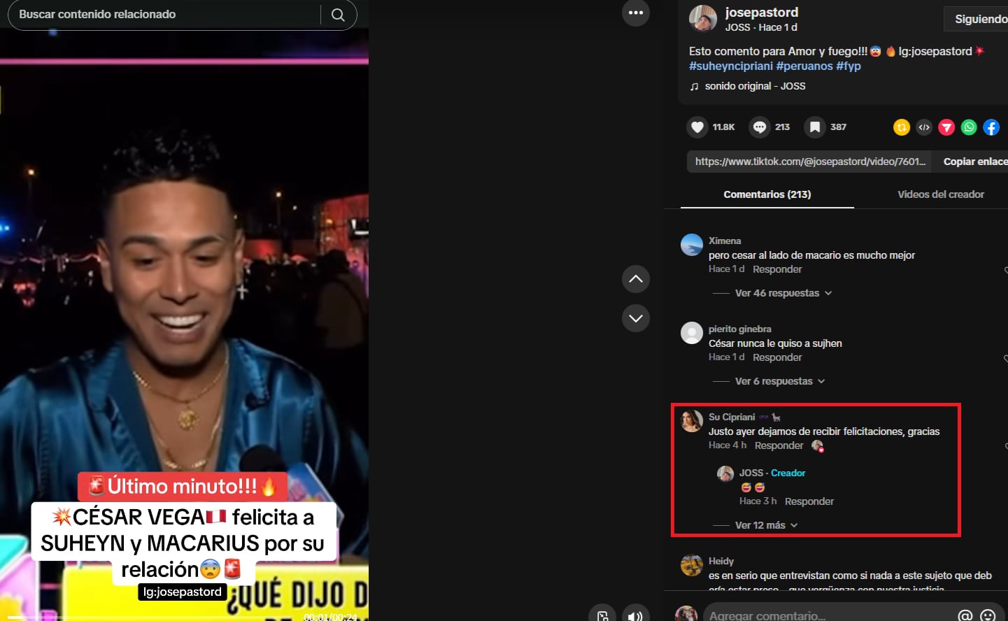 Suheyn Cipriani no acepta las felicitaciones de César Vega por su relación con Macarius.