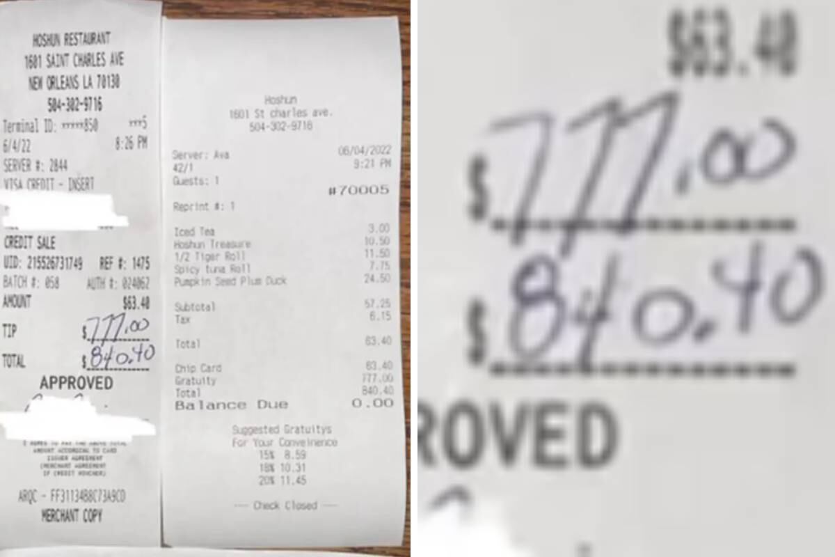 La boleta confirma que el comensal pagó $840 dólares cuando solo consumió $63. | Foto: WDSU News.