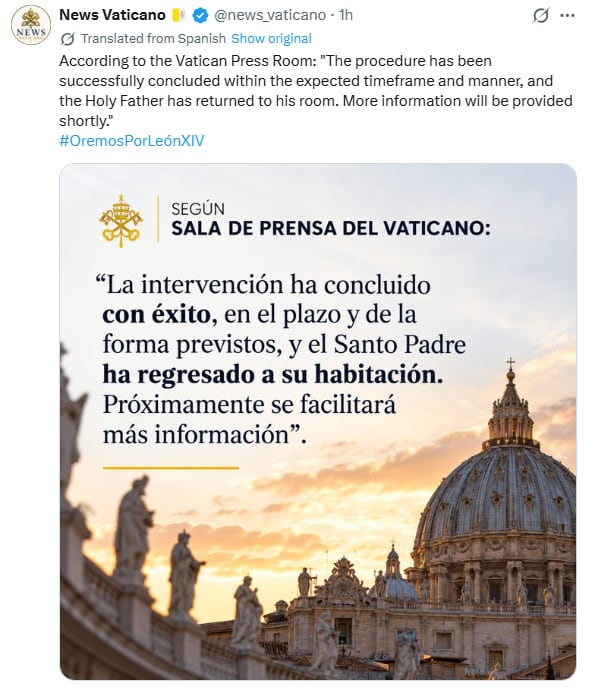 Papa León XIV fue sometido a una operación por un nódulo pulmonar.