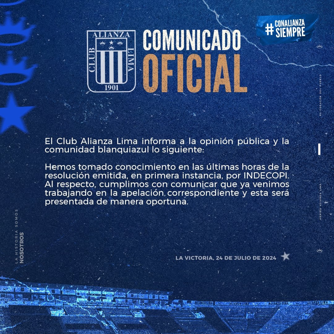 Comunicado de Alianza Lima sobre la sanción impuesta por Indecopi. (Foto: Alianza Lima)