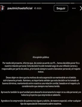 Paul Michael anuncia separación de Pamela López