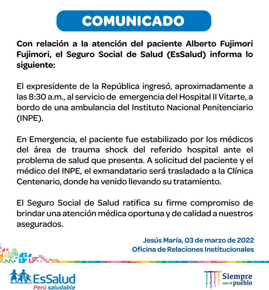 Alberto Fujimori fue trasladado del hospital a la Clínica Centenario.
