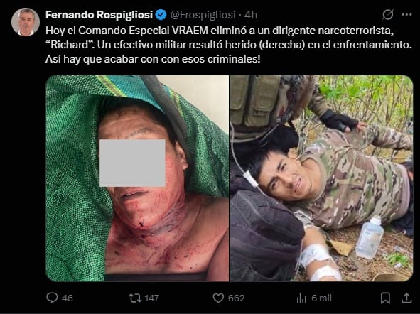 Senador Fernando Rospigliosi informó sobre el operativo en el que fue abatido líder terrorista. (Twitter)