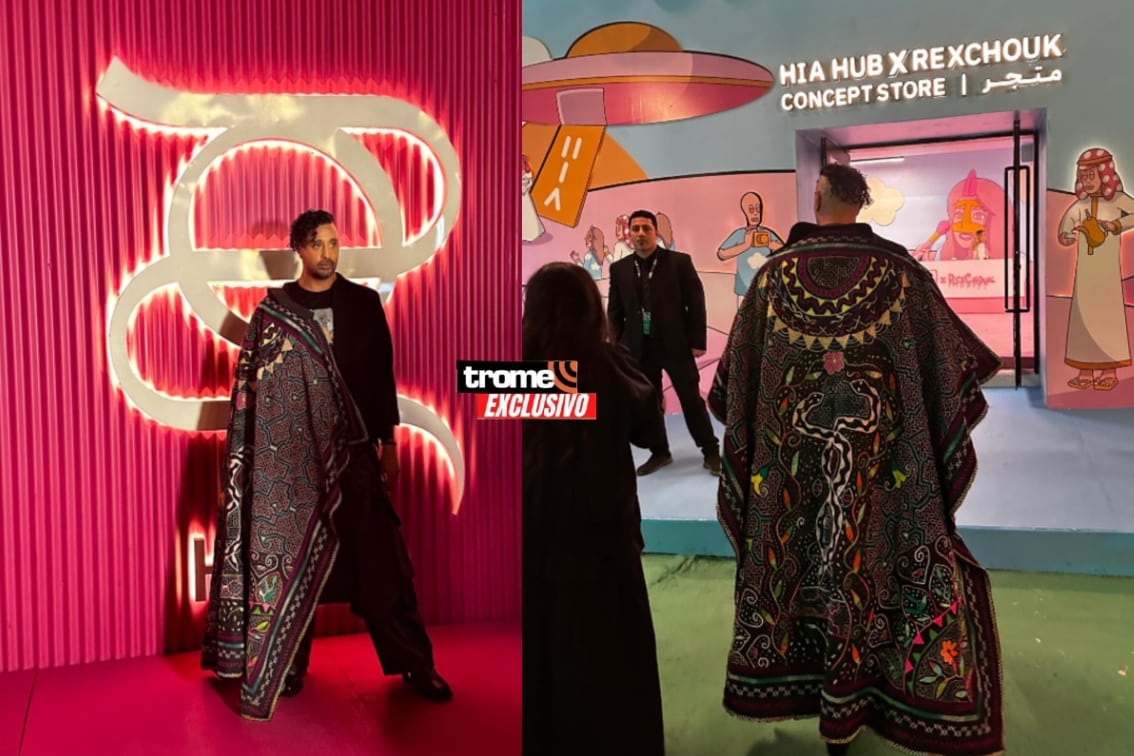 El príncipe Fahad bin Faisal Al Saud vistió en Atabia Saudita prenda con arte textil kené. (Entrevista: Isabel Medina / Foto composición: Kené Kaya/ Trome).