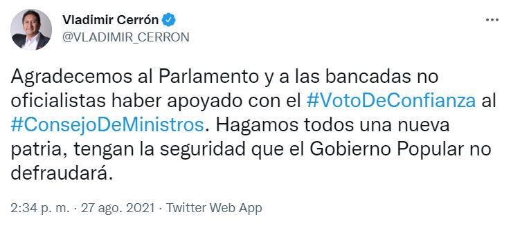 Vladimir Cerrón aseguró que el gobierno no defraudará tras obtener le voto de confianza.