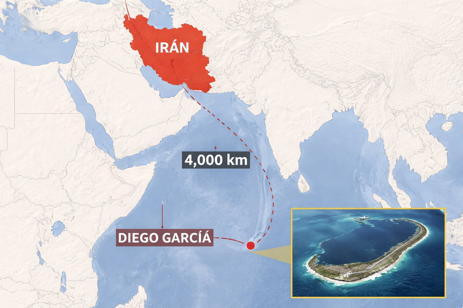 La ubicación de Diego García con respecto a Irán.