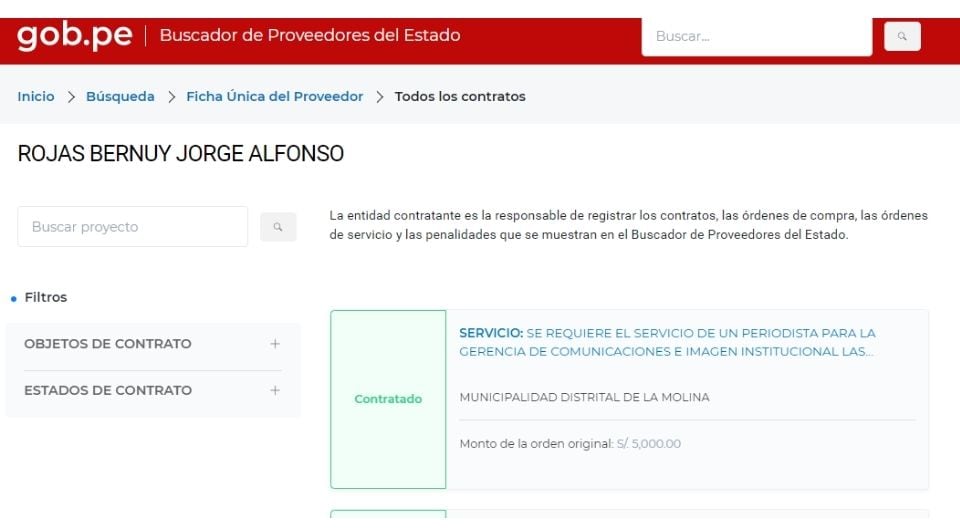 El último contrato de Jorge Rojas Bernuy con la municipalidad de Lima es de 5.000 soles