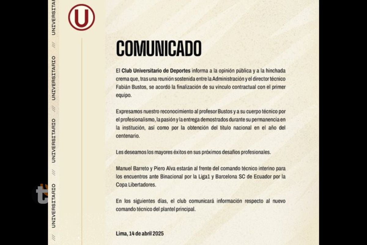 Club estudiantil compartió comunicado en sus redes sociales para infirma situación de Bustos (Foto: @universitario)