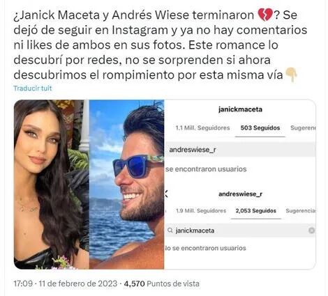 Andrés Wiese y Janick Maceta habrían terminado su relación: ambos dejaron de seguirse en redes. Captura: Ric La Torre