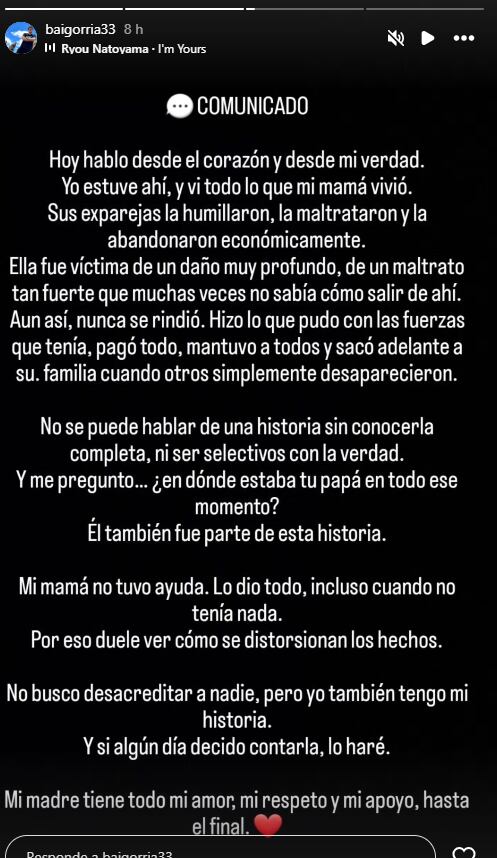 Hermano de Alejandra Baigorria se pronuncia en redes tras video de Thamara Medina. (Instagram: @baigorria33)