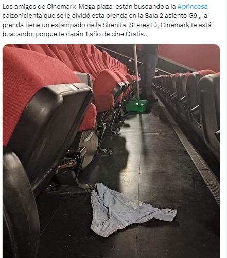 En redes sociales se viralizó la búsqueda de la dueña de unos calzones olvidados en una sala de cine.