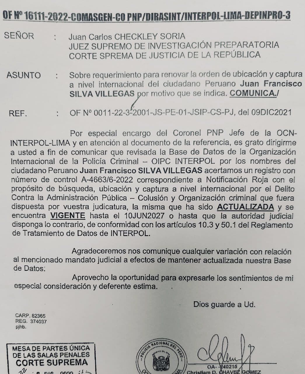Juzgado Supremo de Investigación indica que Interpol tiene vigente hasta junio del 2027 una Notificación Roja de búsqueda, ubicación y captura a nivel internacional de exministro Juan Francisco Silva Villegas, investigado por colusión y organización criminal.
