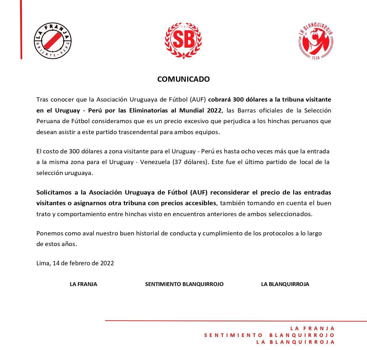 El comunicado de La Franja, Sentimiento Blanquirrojo y La Blanquirroja sobre el tema.