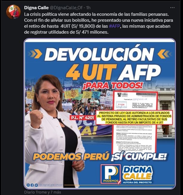 Retiro de AFP. Digna Calle anunció su proyecto legislativo en Twitter.