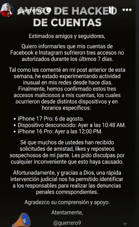 Paolo Guerrero afirma que su Facebook e Instagram fue hackeado tras seguir y repostear post de su expareja Alondra García Miró.