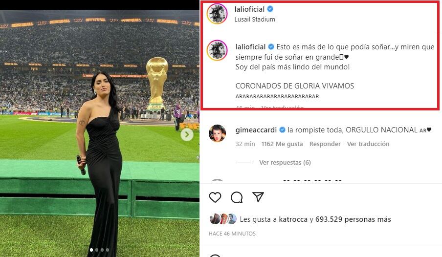 Lali Espósito y su publicación tras cantar en la clausura del Mundial Qatar 2022. (Foto: @lalioficial).
