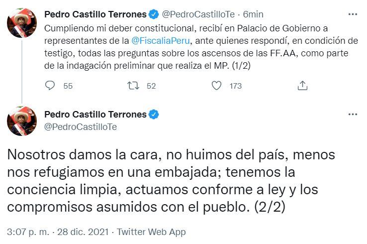 Pedro Castillo aseguró que respondió todas las preguntas de la fiscalía.