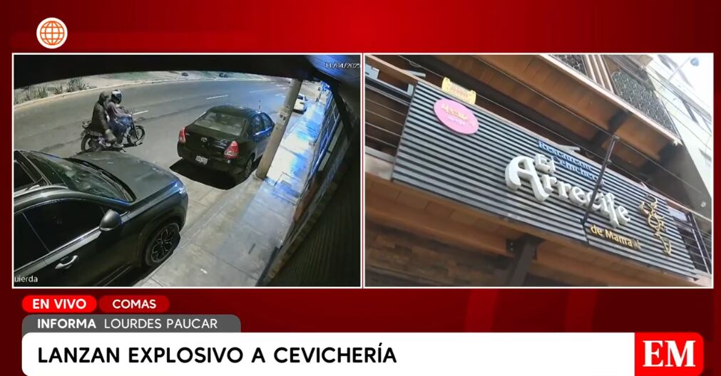 Cámaras captan a dos sujetos en moto lanzando explosivo a cevichería en Comas.
