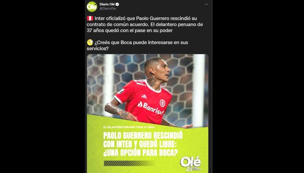 Diario Olé de Argentina reacciona a salida de Paolo Guerrero de Inter (Captura)