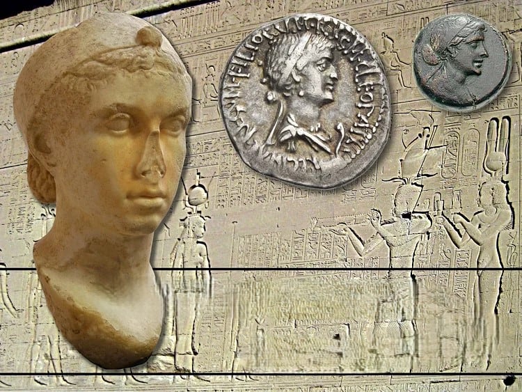 Busto y monedas de Cleopatra.
