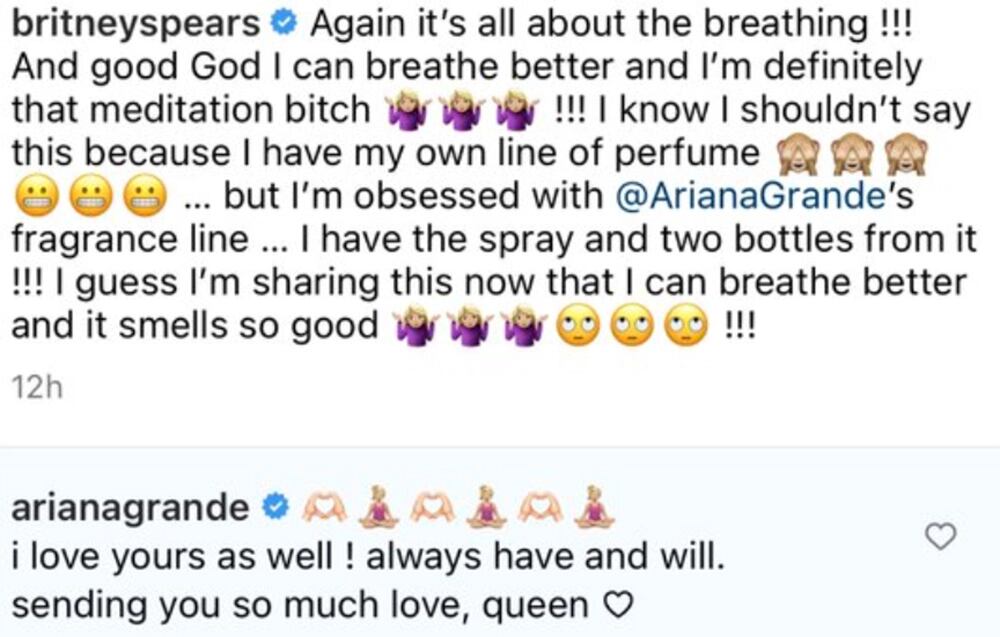 Britney Spears mencionó a Ariana Grande y su línea de perfumes en Instagram, ¡y Ari rápidamente le devolvió el favor! (Instagram: @britneyspears)