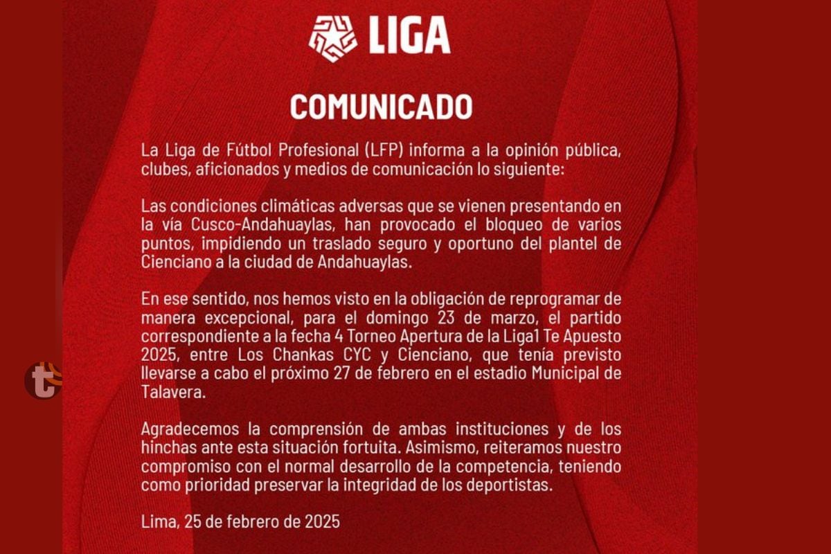 Duelo de la Liga1 no se podrá jugar debido a inconvenientes climaticos (@liga1)