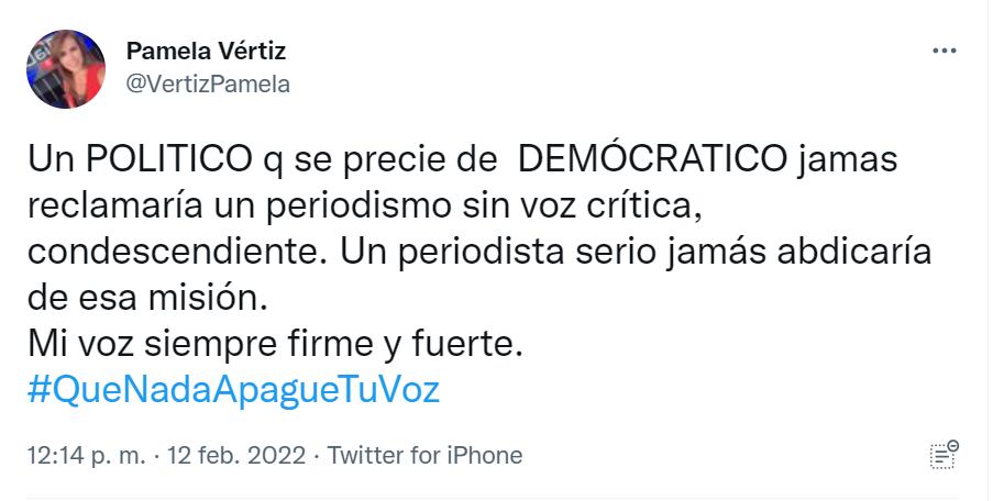 Pamela Vértiz tras polémico audio de Maricarmen Alva: “Mi voz siempre firme y fuerte". (Foto: @VertizPamela).