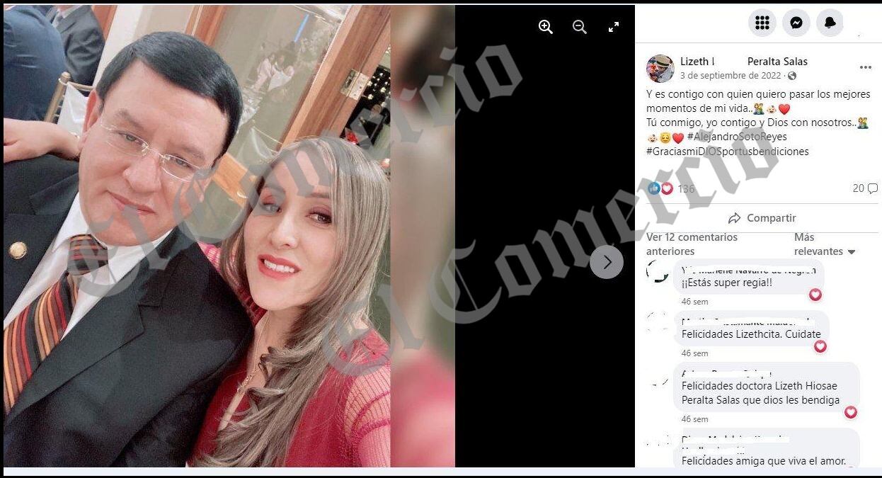 Esta foto de Facebook tiene fecha del 3 de octubre del 2022. Ahí posan contentos el congresista Alejandro Soto y Lizeth Peralta Salas.