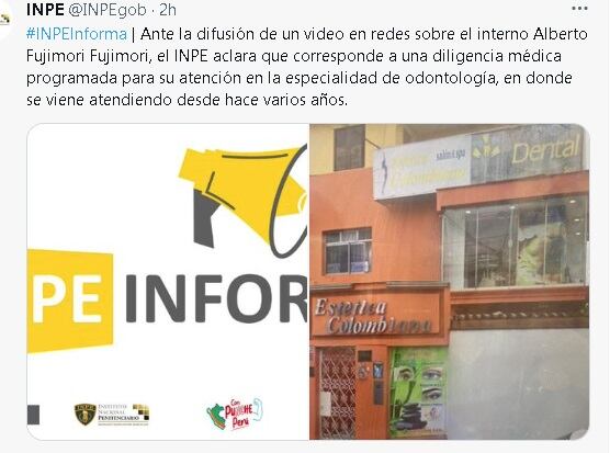 Comunicado del Inpe sobre la entrada de Alberto Fujimori a un spa. (Twitter)