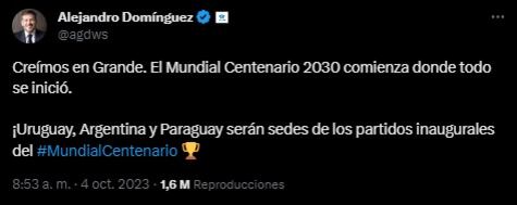 Alejandro Domínguez, presidente de Conmebol, anunció sedes del Mundial 2030. Foto. Twitter Alejandro Domínguez