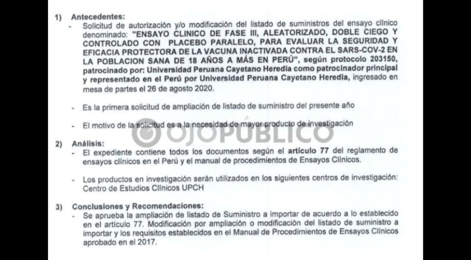 Solicitud de la Universidad Peruana Cayetano Heredia sobre dosis extra