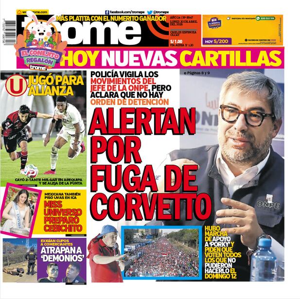 Portada Trome lunes 20 de abril de 2026