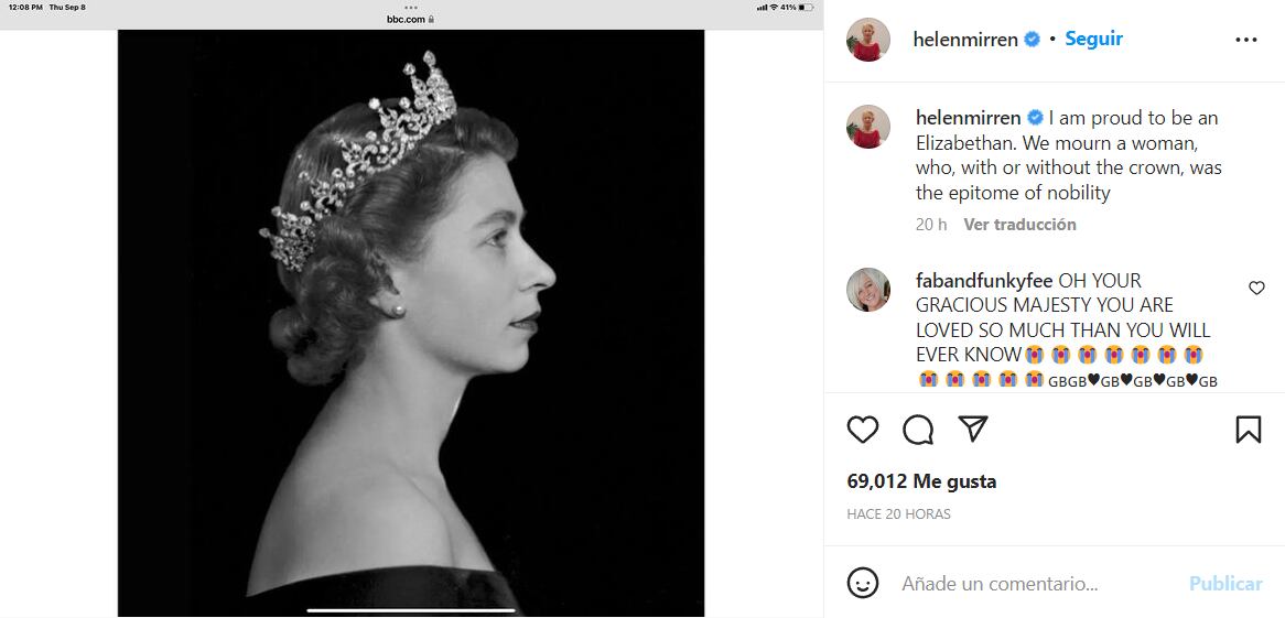 Helen Mirren expresó sus condolencias por la muerte de Isabel II en Instagram (IG: @helenmirren)