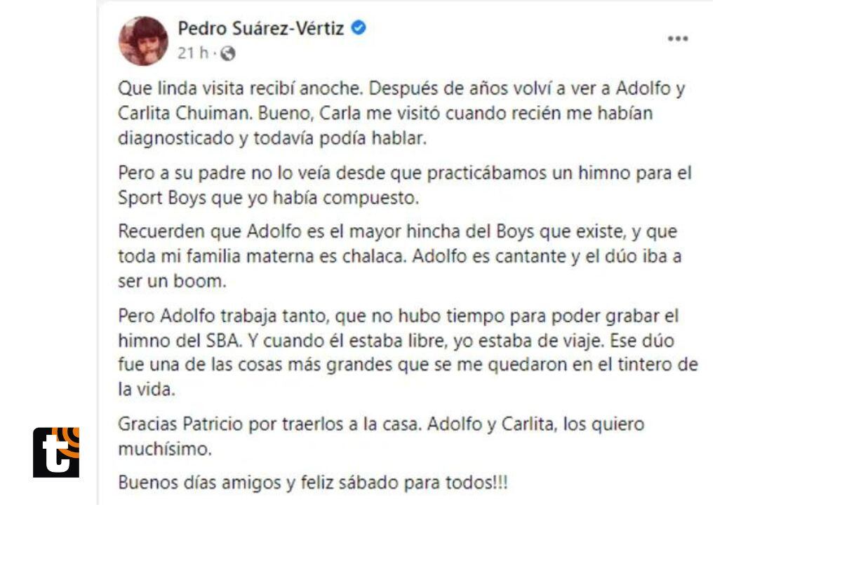 Pedro Suárez Vértiz reconoció que ensayó himno de Sport Boys con Papá Chuiman (@pedrosuarezvertiz)
