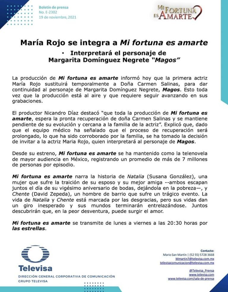 Documento de la producción de Mi fortuna es amarte.