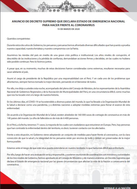 Mensaje a la Nación completo de Martín Vizcarra donde declara Estado de Emergencia Nacional por el Coronavirus
