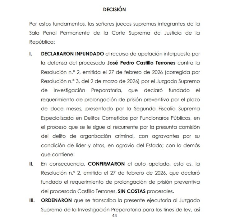 Resolución de la Corte Suprema sobre ampliación de la prisión preventiva contra Pedro Castillo.